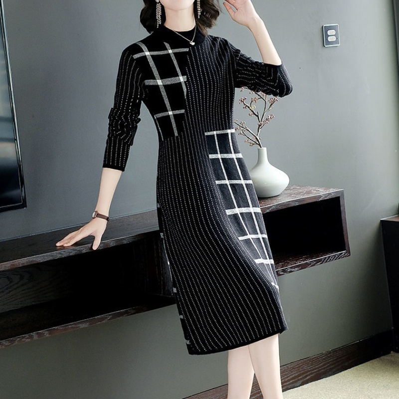Casual Dresses Knitted Sweater Dress Female Autumn Winter Dress Long Sleeve Half Turtleneck Sweater Women Dress Office Lady Casual Mid Dress 230316