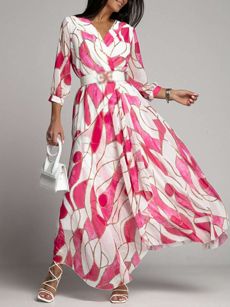 Casual Dresses Lady Elegant Summer Boho Print Irregular Long Dress Fashion Half Sleeve V Neck Chiffon A Line Dress Casual Office Women Dresses 230316