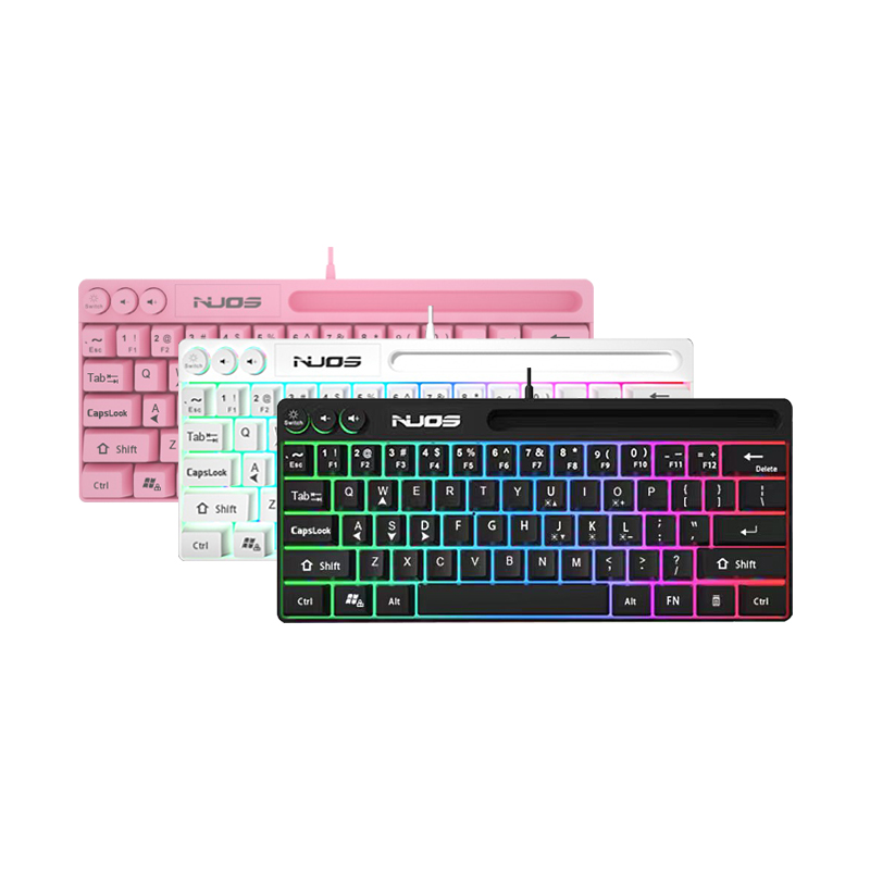 NUOS 64 Keys Pink Keyboard USB Color Backlit Wired Office Portable Mini Keypad Phone Holder Gamer Keyboard for Laptop PC