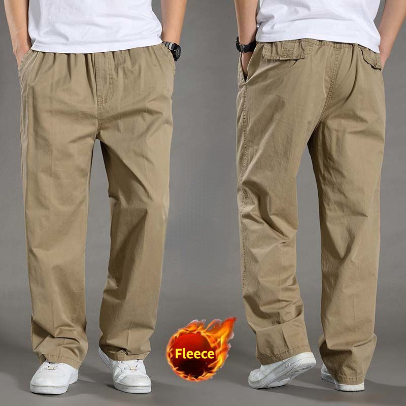 Men's Pants Men's Winter Warm Cargo Pants Casual Elastic Cotton Thick Fleece Pants Mens Straight Loose Business Thermal Trousers Jogger 6XL 