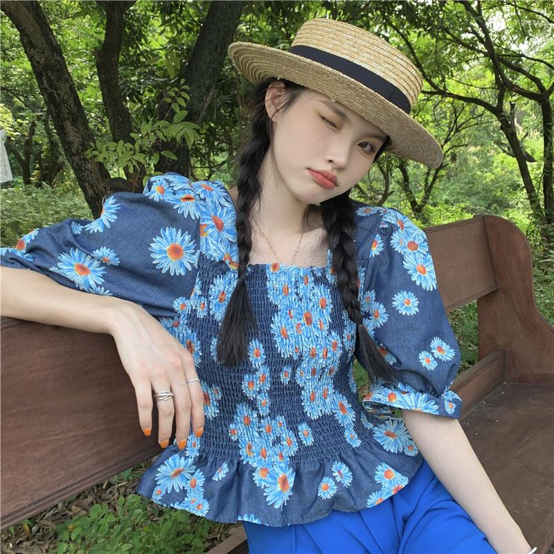 Women's Blouses Summer Retro Flower Puff Sleeve Slim Floral Shirt Women, Blue