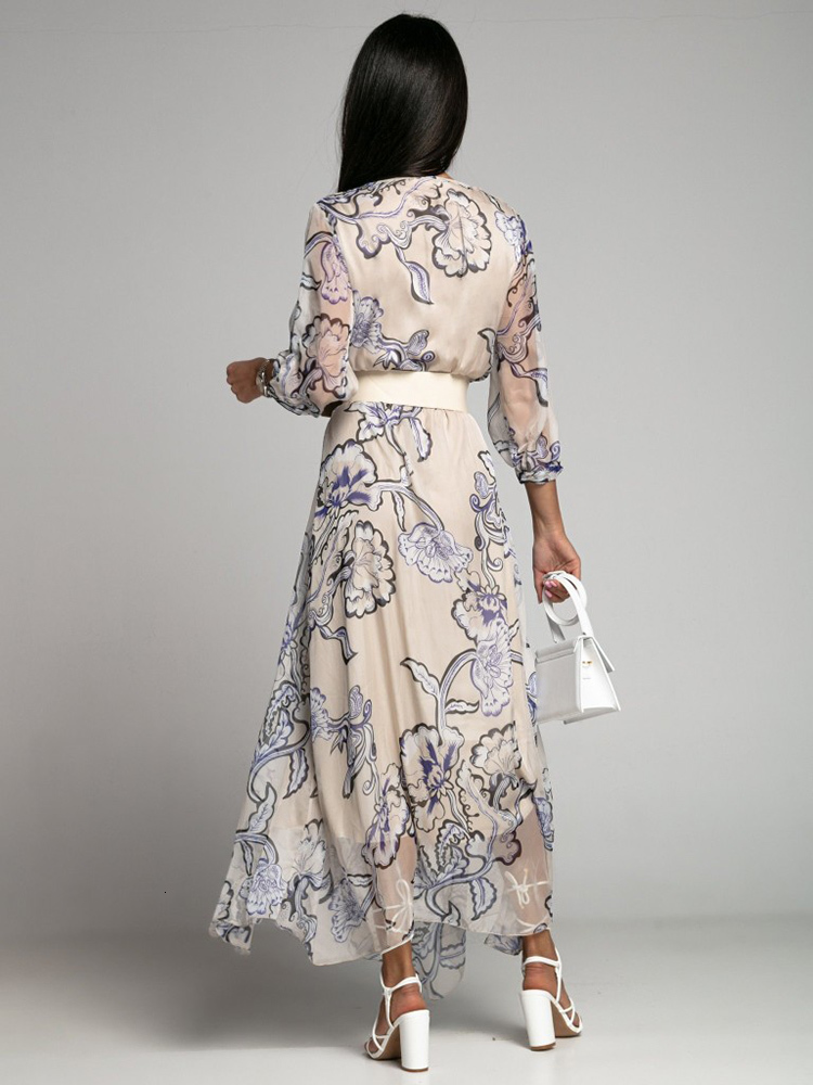 Casual Dresses Lady Elegant Summer Boho Print Irregular Long Dress Fashion Half Sleeve V Neck Chiffon A Line Dress Casual Office Women Dresses 230316