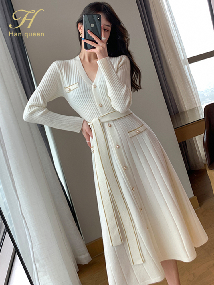 Casual Dresses H Han Queen Autumn Single-Breasted Casual Pullover Sweater Vestidos Elegant Simple Office Dress Women's V-Neck A-Line Dresses 2303