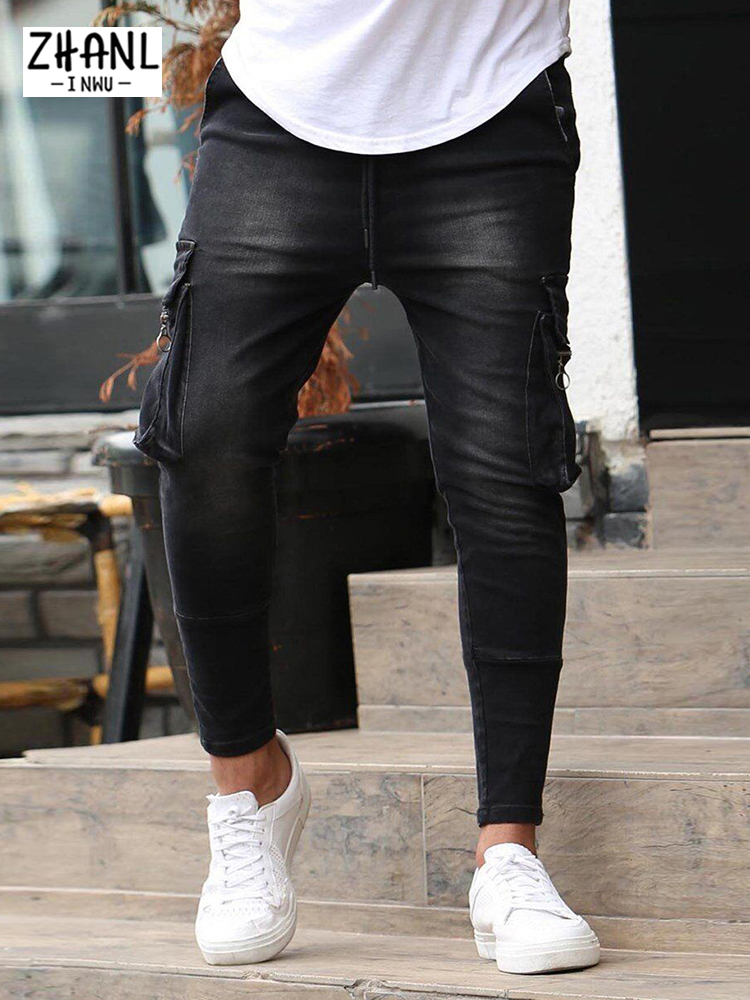 Men's Jeans Men's Jeans Slim Stretch Jeans Men's Casual Fashion Blue Multi-Pocket Travel Jeans Street Work Hip Hop Straight Cut Pants 2