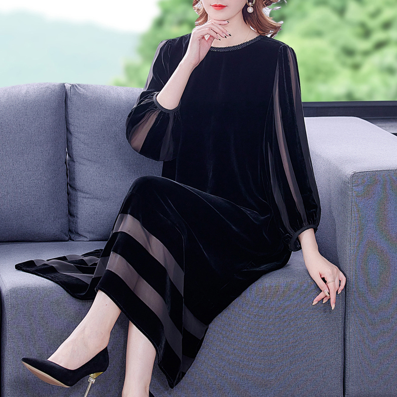 Casual Dresses Female Black Velvet Loose Maxi Dress Autumn Winter Korean Vintage Mesh Patchwork Sexy Dress Elegant Casual Evening Vestidos 230316