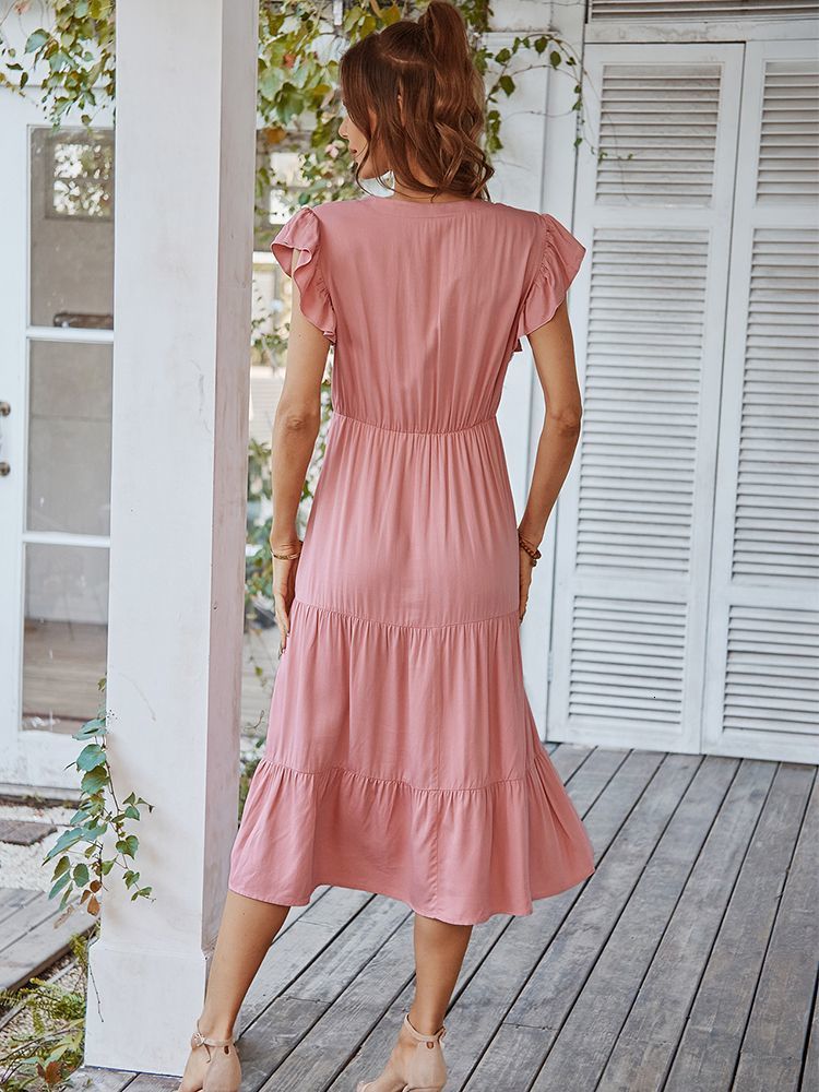Casual Dresses Ladies Vintage Fashion Solid Long Dress Women Casual Slim Ruffles Office Lady Summer Women Dress Female Robe Vestidos De Mujer 230316