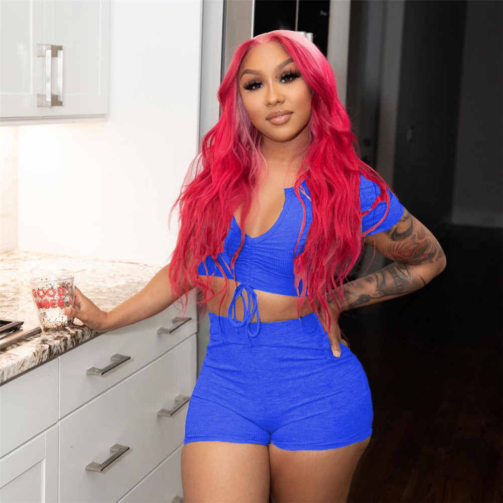 Bulk Wholesale Women's Tracksuits Solid Pit Shorts Set Women Half Open Collar Drawstring Shirt Crop Tops Shorts Outfits Activewear Suit 9474