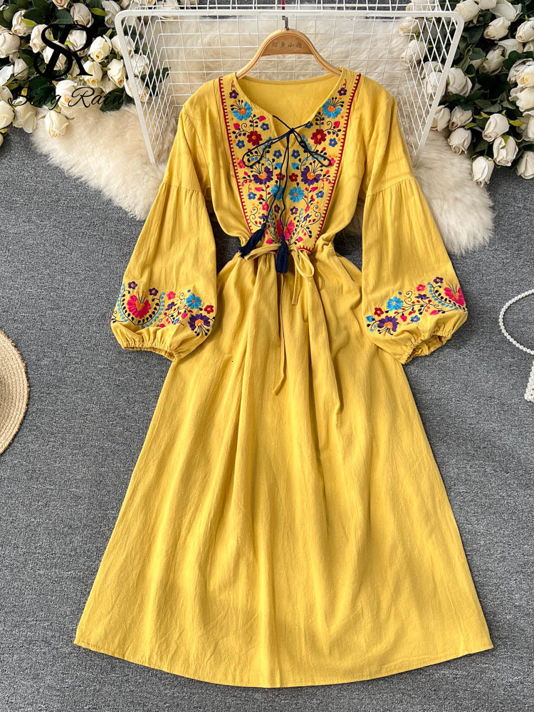 Casual Dresses SINGREINY Embroidary Elegant Women Summer Dress Y2K V Neck Lantern Sleeves Slim Adjustable Waist Ladies A Line Long Dresses 230316