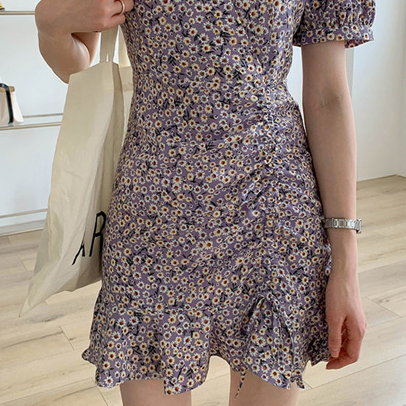 Casual Dresses Short Sleeve Dress Women Sweet Vintage Casual Elegant Ins Shirring Printed Floral Puff Sleeves Drawstring V-neck Vestido College 230316