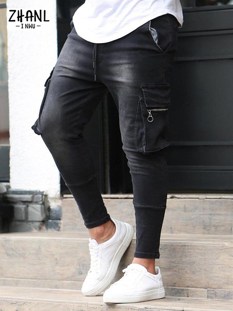 Men's Jeans Men's Jeans Slim Stretch Jeans Men's Casual Fashion Blue Multi-Pocket Travel Jeans Street Work Hip Hop Straight Cut Pants 2