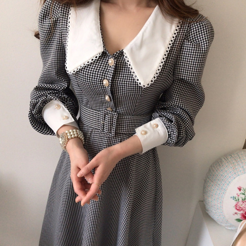 Casual Dresses Korean Chic Temperament Single-breasted Lapel Plaid Dress Sashes Slim High Waist Puff Long Sleeve Vestido Feminino Elegant Fall 230316