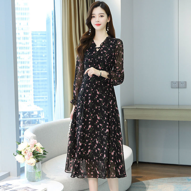 Casual Dresses Woman Dress Summer Autumn Long Sleeve Small Floral Chiffon Dress Vestido De Mujer 230316