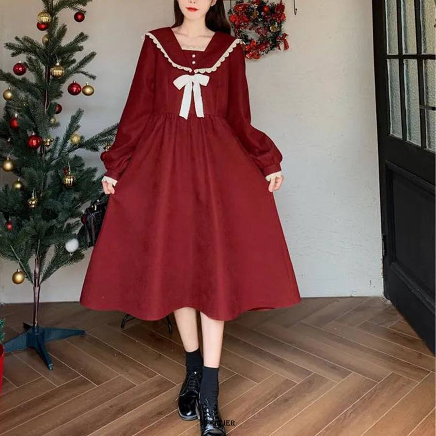 Casual Dresses Size 6XL 150KG Winter Dress For Women Long Sleeve Loose Vintage Dresses Ladies Casual Large Bow Neck Red Black Sweet Dresses 230316