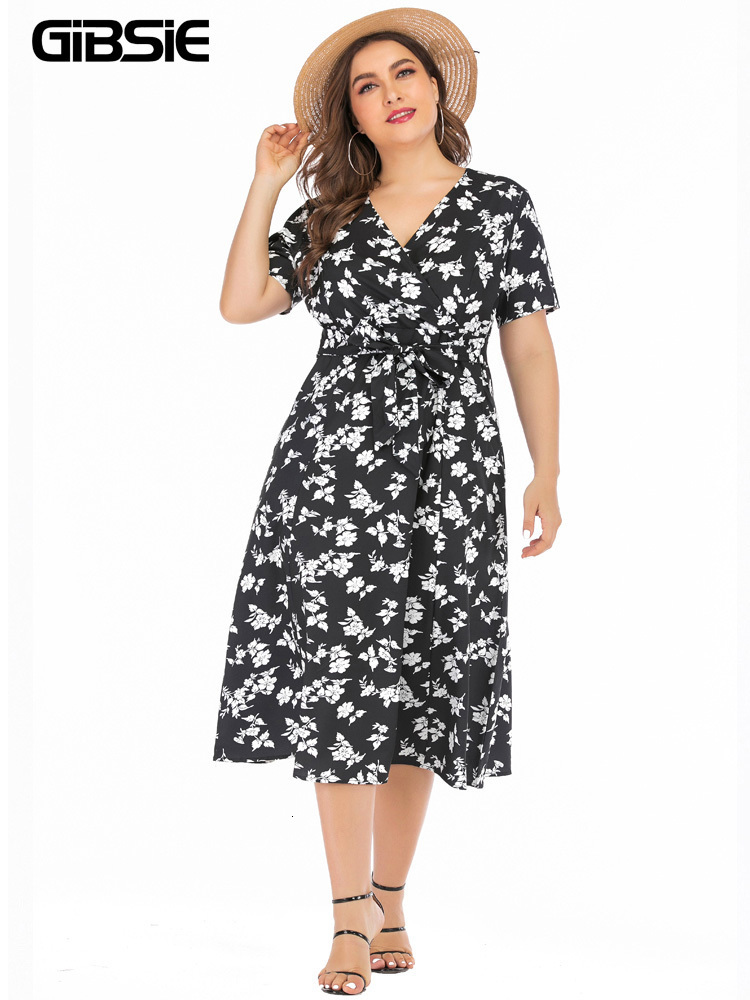 Casual Dresses GIBSIE Surplice Neck Casual Belted Dress Summer Holiday Boho Print Women Long Dresses 6xl 5xl Plus Size Pocket A-Line Dress 230316