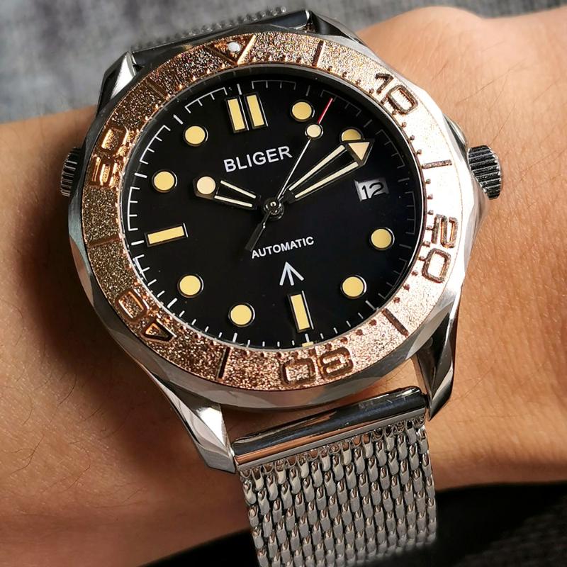Wristwatches 41mm Japan Miyota8215/NH35 Movement Automatic Men's Watch Black Dial Sapphire Date Gold Aluminum Bezel Insert Mesh Strap, Bliger logo
Wristwatches 41mm Japan Miyota8215/NH35 Movement Automatic Men's Watch Black Dial Sapphire Date Gold Aluminum Bezel Insert Mesh Strap, Bliger logo