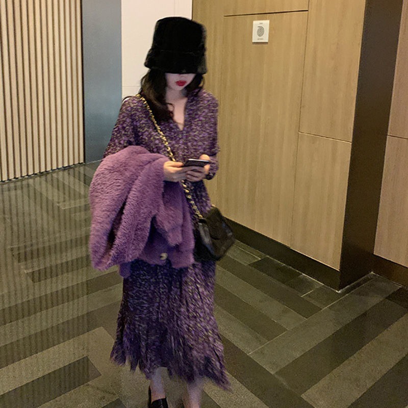 Casual Dresses Dresses Women Print Long Sleeve Casual V-neck Elegant All-match Spring French Style Vintage Feminino Chiffon Soft Purple Simple 230316