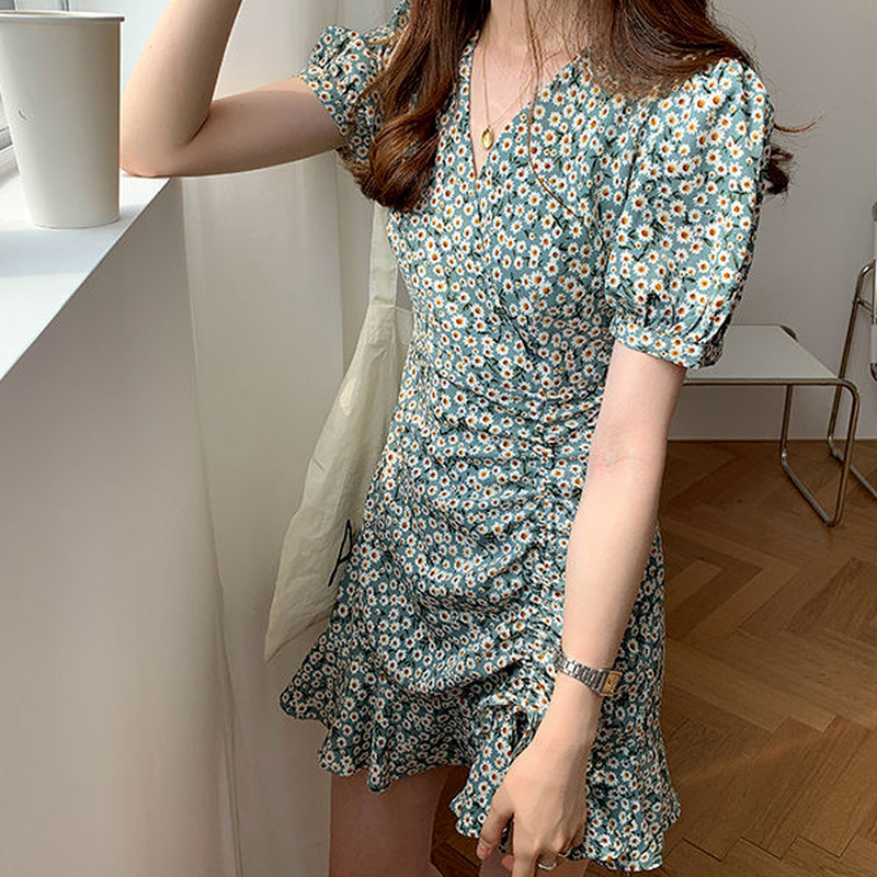 Casual Dresses Short Sleeve Dress Women Sweet Vintage Casual Elegant Ins Shirring Printed Floral Puff Sleeves Drawstring V-neck Vestido College 230316