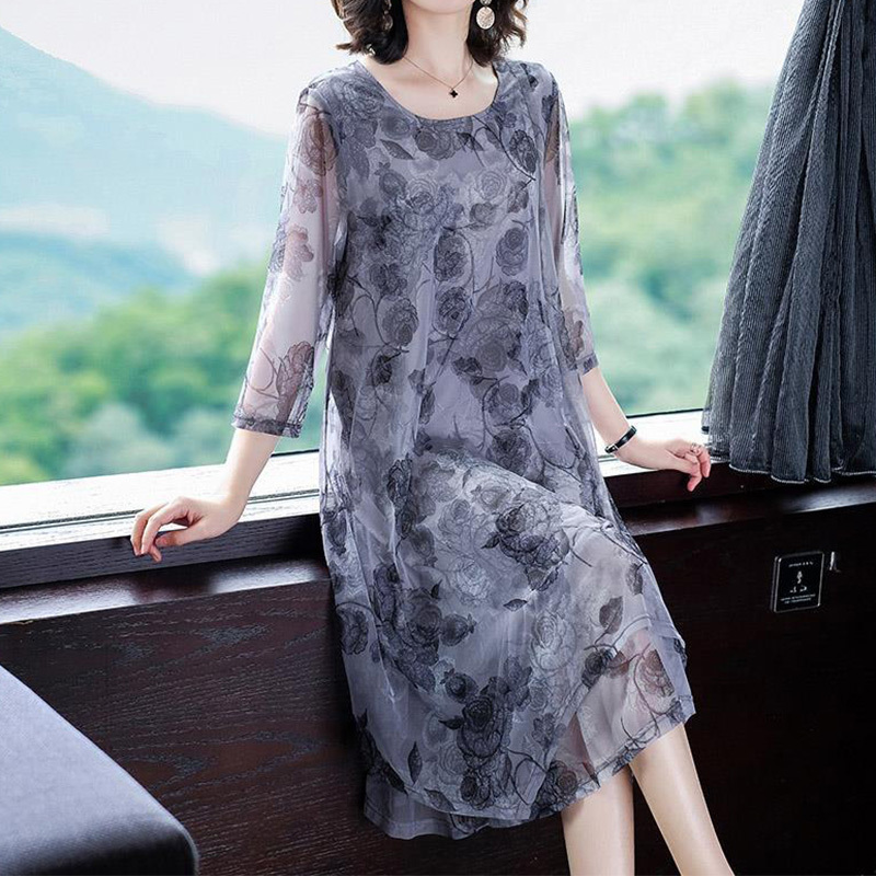 Casual Dresses Elegant Fashion Floral Printing Dresses Summer Three Quarter Sleeve Round Neck Loose Pullover Midi Dress Women Clothing 230316