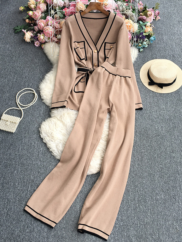 Womens Two Piece Pants Solid MultiPocket Knit Sweater Suits Single Breasted Coats With Wideleg Pants Sets Casual Lace Up Two Piece Sets Women Outfits 230316, Black
Womens Two Piece Pants Solid MultiPocket Knit Sweater Suits Single Breasted Coats With Wideleg Pants Sets Casual Lace Up Two Piece Sets Women Outfits 230316, Black