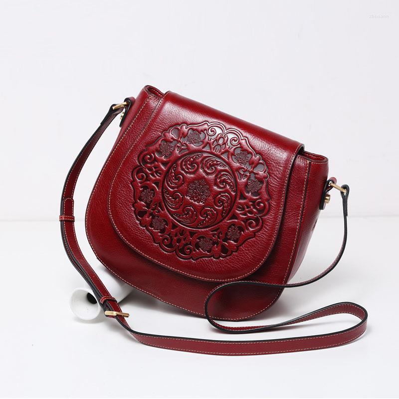 Free Shipping Evening Bags Chinese National Style Women Cowhide Leather Bag Female Crossbody Retro Emed Saddle Shoulder Designer Bag Luxury Bag Tote B