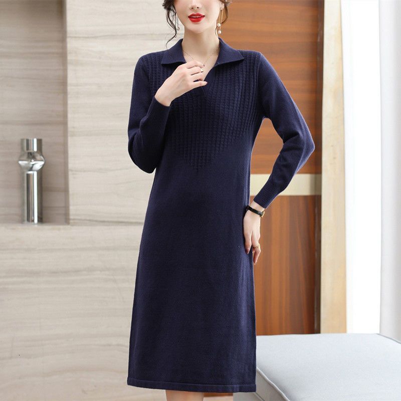 Casual Dresses Oversize Women Knitting Sweater Dress For Spring Autumn Casual Turn Collar Pullover Solid Patchwork Slim Female Dresses 230316