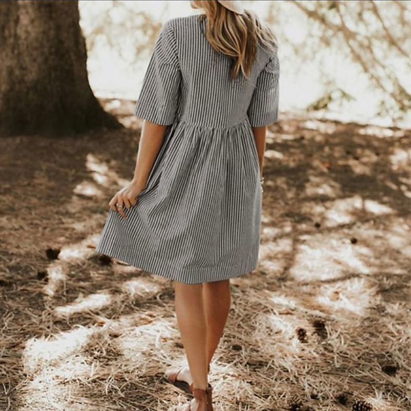 Casual Dresses Summer women's round neck stripe pocket retro half sleeve large street loose casual sun dress women's Robe 230316