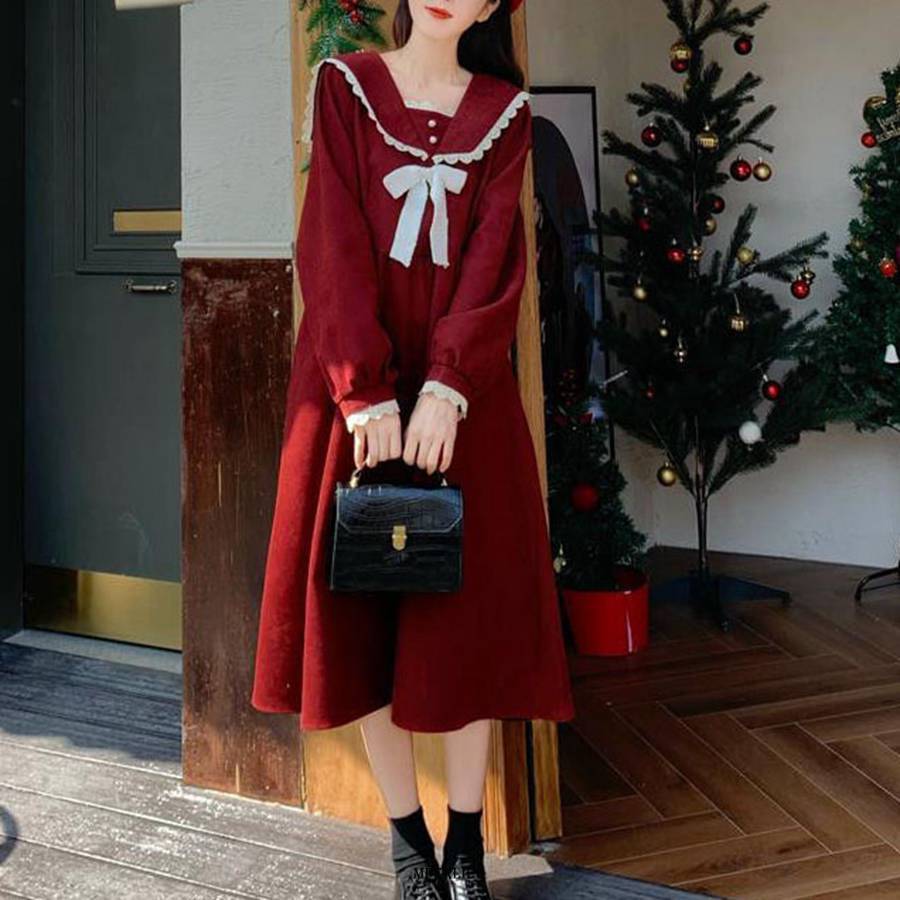 Casual Dresses Size 6XL 150KG Winter Dress For Women Long Sleeve Loose Vintage Dresses Ladies Casual Large Bow Neck Red Black Sweet Dresses 230316