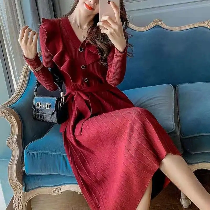 Casual Dresses BIYABY Fashion Red Casual Vestidos Women Dress Autumn Winter Bodycon Knitted Sweater Dress Elegant Office Ladies Dress 230316