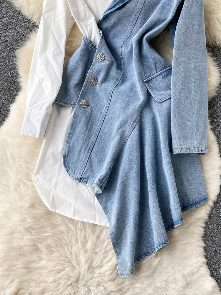 Casual Dresses XFPV Women's Irregular Long Sleeved Stitching Denim Temperament Dress Female Temperament Sweet Korea Chic Summer SM3272 230316