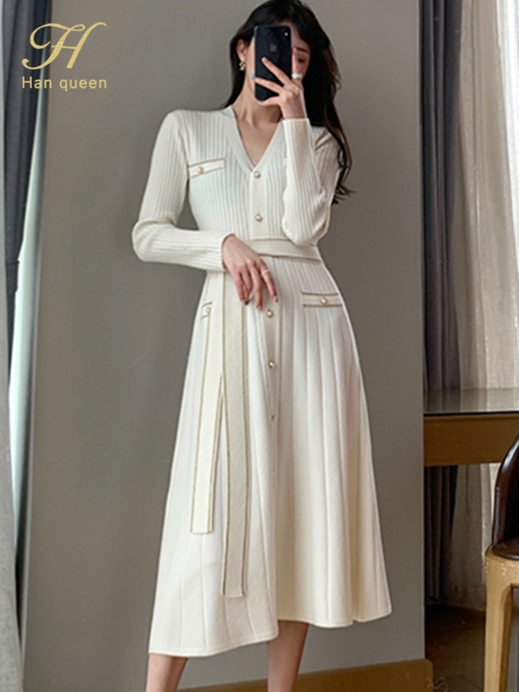 Casual Dresses H Han Queen Autumn Single-Breasted Casual Pullover Sweater Vestidos Elegant Simple Office Dress Women's V-Neck A-Line Dresses 2303