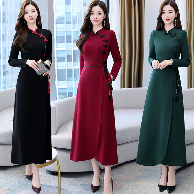 Casual Dresses Vintage Chinese Style Elegant Women's Cheongsam Dress Comforta Casual Summer Sundress Long Sleeved Party Dress Office Robe 230316