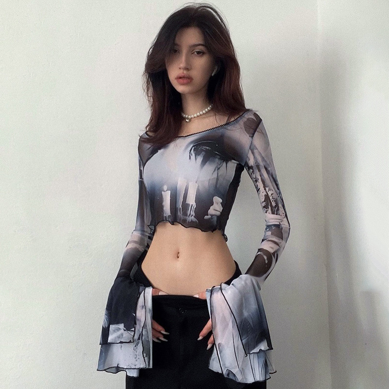 Women's T-Shirt Summer t-shirts Printed Mesh Round Neck Pullover Horn Long Sleeve Casual European Beauty Dress tops y2k clothes Wholesale 230316, Blue
Women's T-Shirt Summer t-shirts Printed Mesh Round Neck Pullover Horn Long Sleeve Casual European Beauty Dress tops y2k clothes Wholesale 230316, Blue