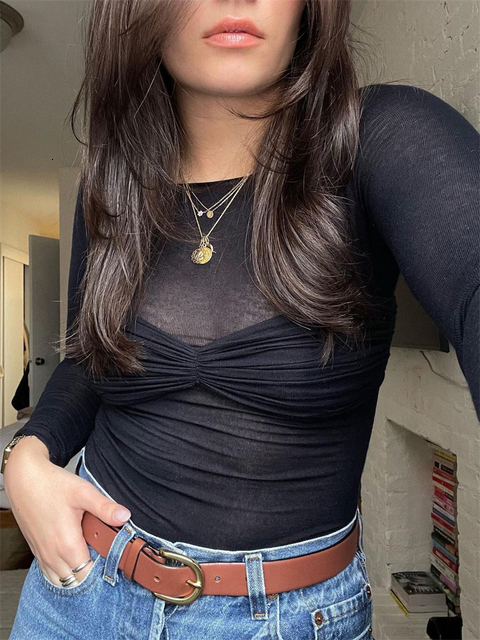 Women's TShirt Tossy Mesh Sheer OffShoulder Top For Women Long Sleeve SeeThrough Lace Knit Pullover s Summer Tee 230314