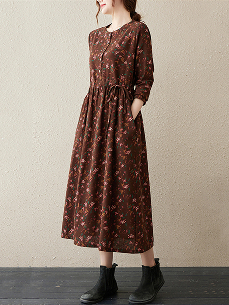 Casual Dresses Long Sleeve Cotton Linen Vintage Floral Print Dresses For Women Spring Autumn Casual Dress Robe Femme Elegant Clothing 230316