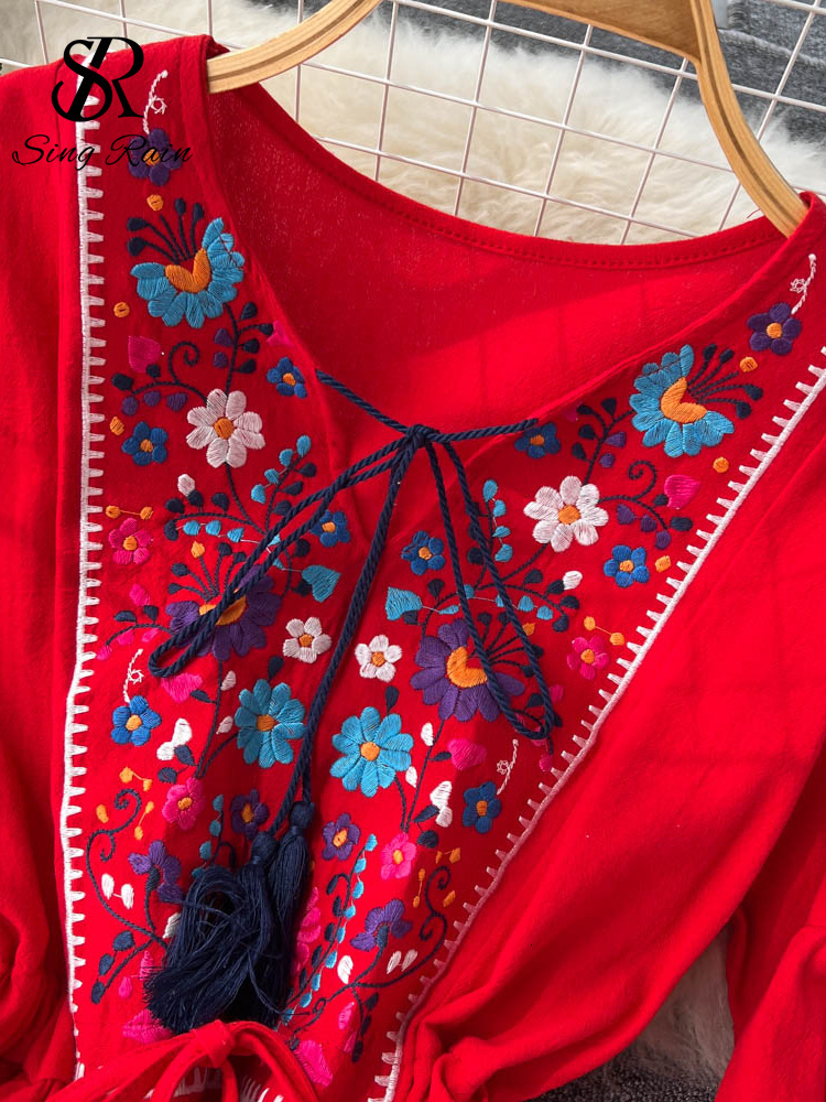 Casual Dresses SINGREINY Embroidary Elegant Women Summer Dress Y2K V Neck Lantern Sleeves Slim Adjustable Waist Ladies A Line Long Dresses 230316