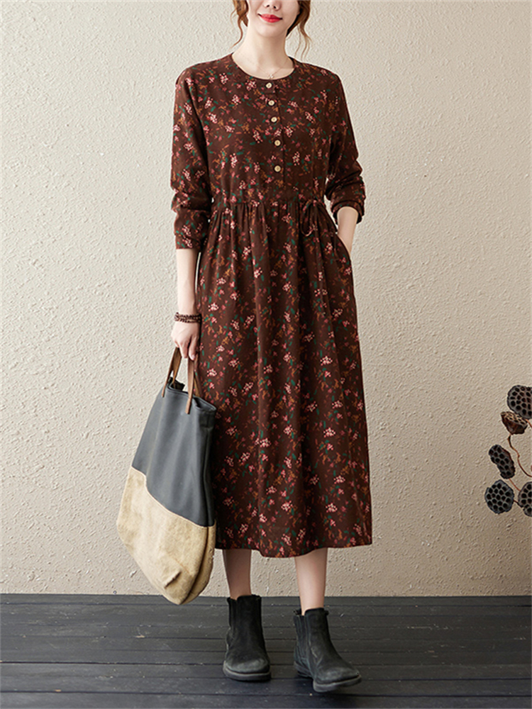 Casual Dresses Long Sleeve Cotton Linen Vintage Floral Print Dresses For Women Spring Autumn Casual Dress Robe Femme Elegant Clothing 230316