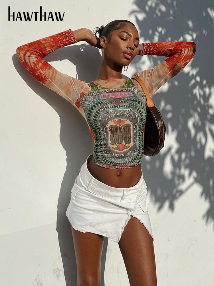 Women's TShirt Hawthaw Women Long Sleeve Graphic Mesh See Through Streetwear T Shirts Tops Tee Autumn Clothes Wholesale Items For Business 230314