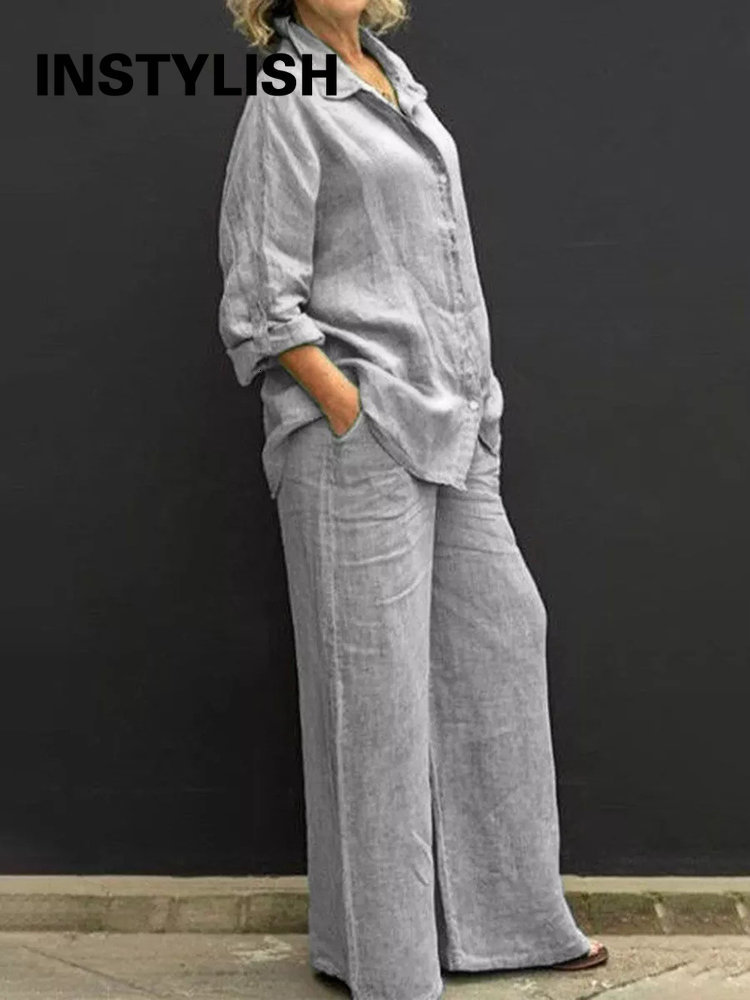 Women's Two Piece Pant Autumn Linen Lapel Shirt Pieces Set Vintage Solid Long Sleeve Button Blouse and Loose Straight Pants Casual Suits 230314
