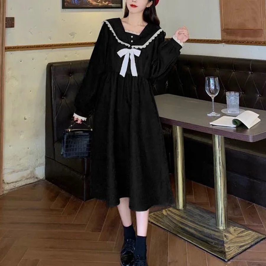 Casual Dresses Size 6XL 150KG Winter Dress For Women Long Sleeve Loose Vintage Dresses Ladies Casual Large Bow Neck Red Black Sweet Dresses 230316