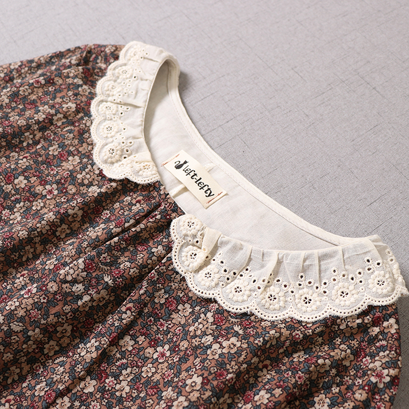 Casual Dresses Japanese Female Literary Printed Cotton Long Sleeve Dress Embroidery Autumn Midi Dress 230316