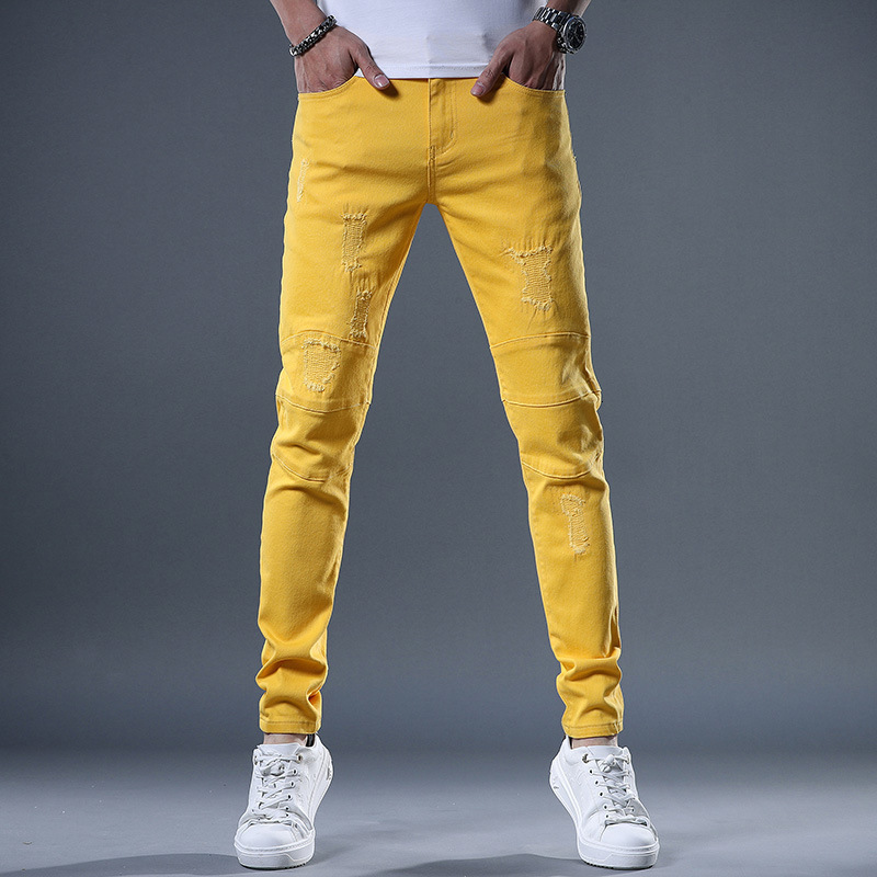 Men's Jeans Yellow Red White Jeans Men Fashion Slim Fit Straight Pants Summer Streetwear Ripped Patch Denim Trousers 230316