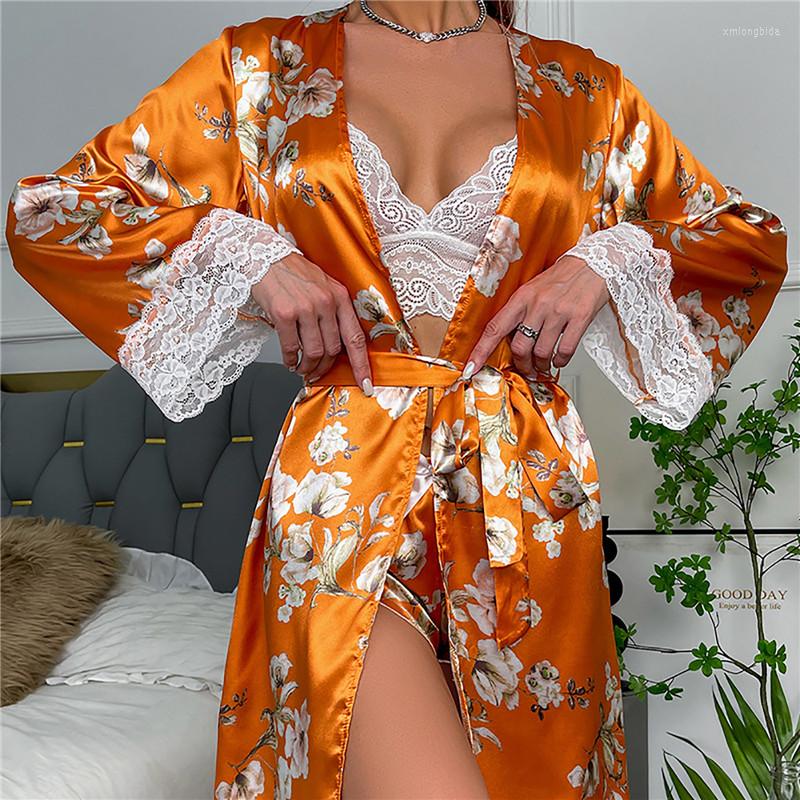 Women's Sleepwear 3pcs Women Sexy Lingerie Lace Satin Camisole Nighty&robe Pamas Set Sleep Wear Homewear Nightgown