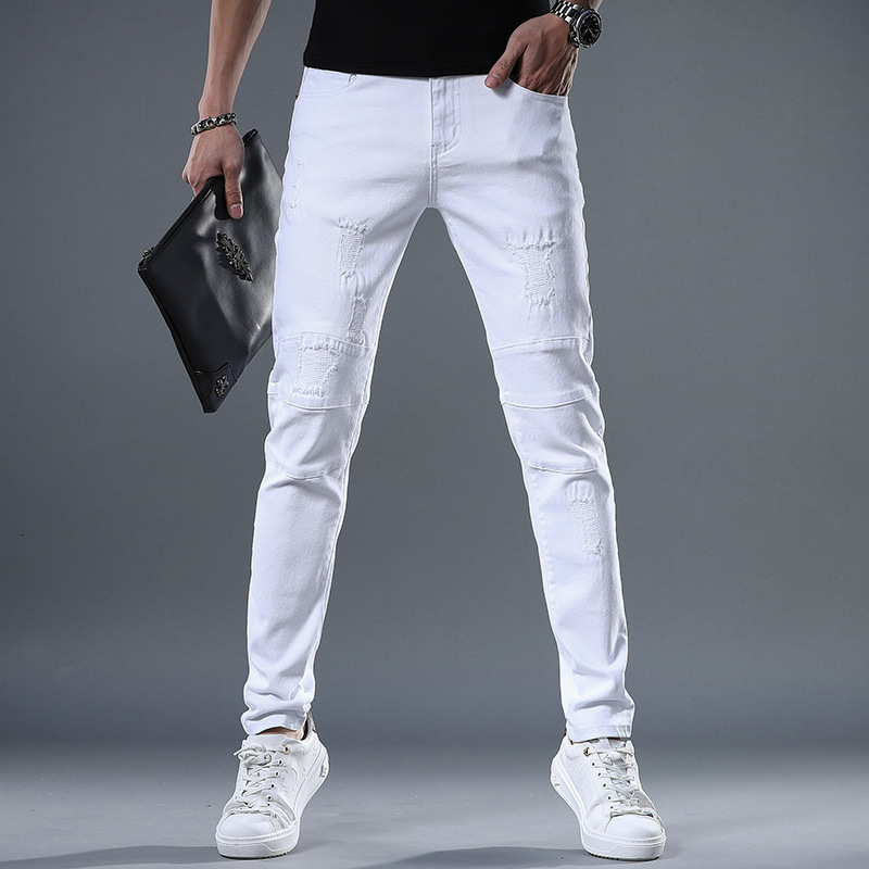 Men's Jeans Yellow Red White Jeans Men Fashion Slim Fit Straight Pants Summer Streetwear Ripped Patch Denim Trousers 230316