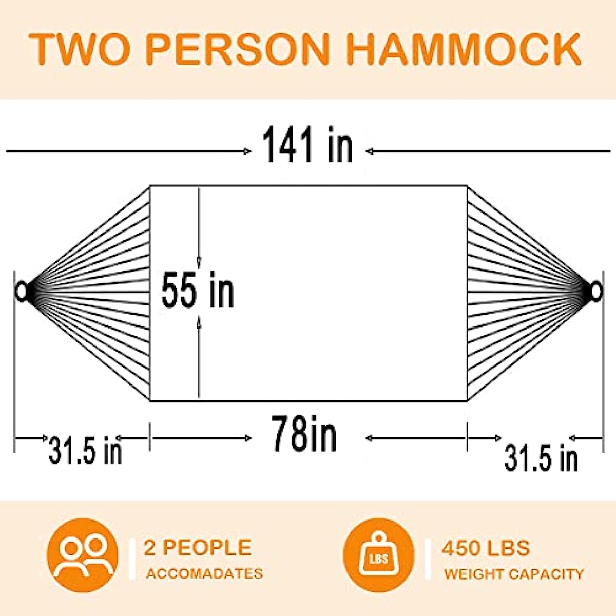 Double Quilted Fabric Hammock with Spreader Bars and Detachable Pillow 2 Person Hammock for Outdoor Patio Backyard Poolside 450 LBS Weight Capacity fo