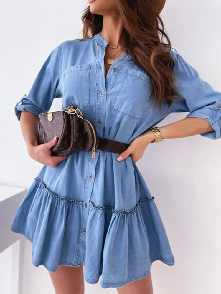 Casual Dresses Spring Summer Light Blue Long Sleeve Shirt Dress Office Ladies Button Ruffles Solid Dress Casual Loose Streetwear Dresses 230316