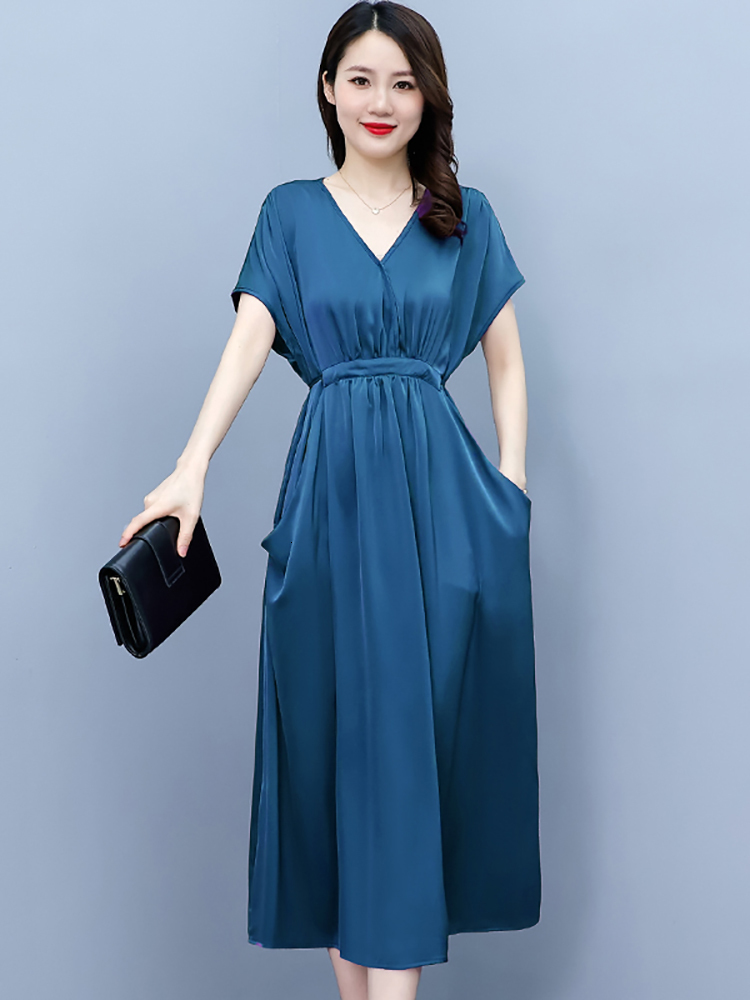 Casual Dresses Summer Casual Satin Bodycon Midi Robe Women Chic Prom Party V-Neck Sexy Night Dress Fashion Elegant Solid Beach Long Dress 230316