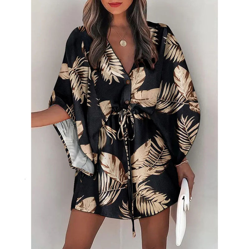 Casual Dresses Casual Boho Dress Women Summer Sexy V Neck Print Batwing Sleeve Lace-up Loose Dresses Female Irregular Mini Dress Vestido 230316