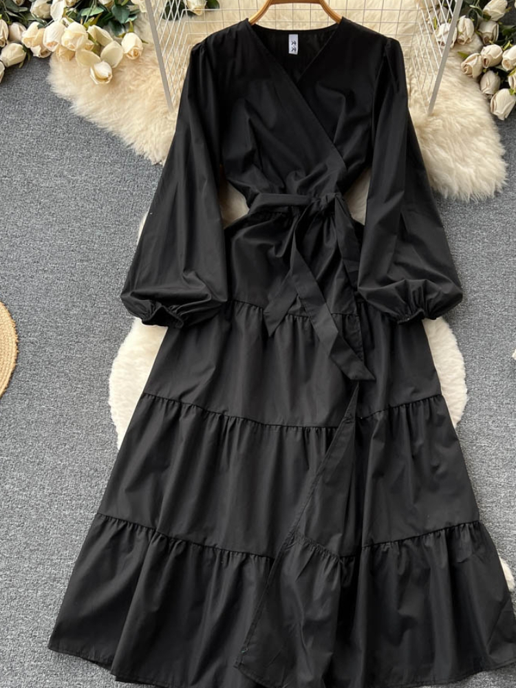 Casual Dresses Aibeautyer Casual Summer Solid Slim Full Lady Dress A Line Chiffon Puff Sleeve Pullover Mid-Calf High Waist Women Dresses 230316