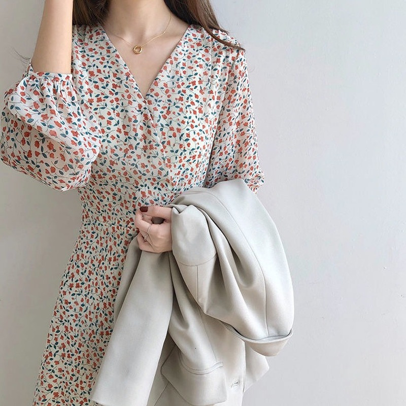 Casual Dresses Women Floral Printing Long Sleeve Dress Sweet Korean Style Elegant Office Lady Loose Comfortable Leisure All-match Classic Chic 230316