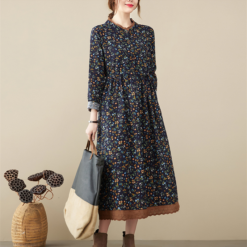 Casual Dresses Cotton Linen Vintage Floral Print Dresses For Women Spring Autumn Long Sleeve Fashion Dress Elegant Vestidos Robe Femme 230316